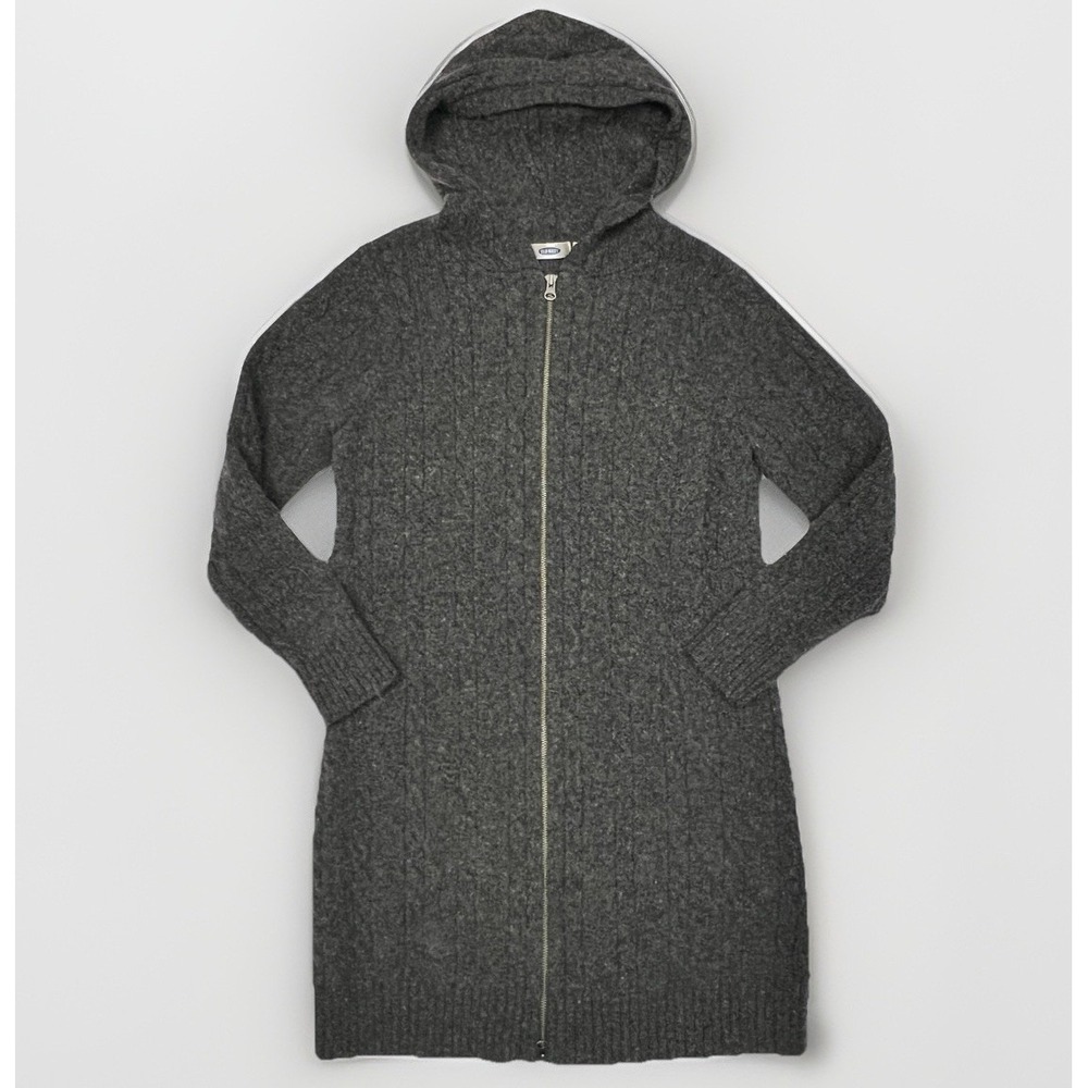 Vtg Y2K Old Navy Cable Knit Sweater Dress Wool Blend Grey Hooded Full Zip XL